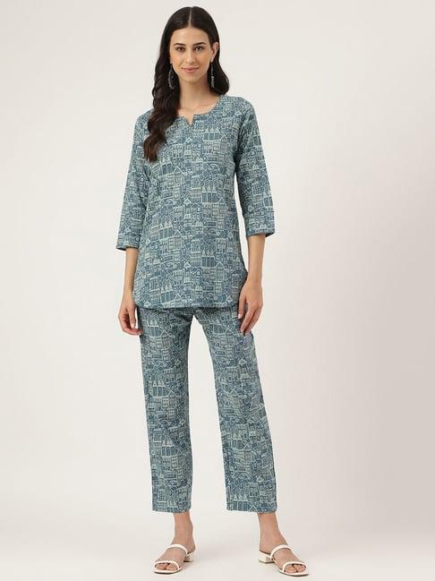 divena teal blue cotton printed tunic pant set