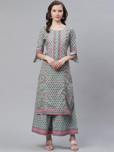 divena turquoise cotton printed kurta palazzo set