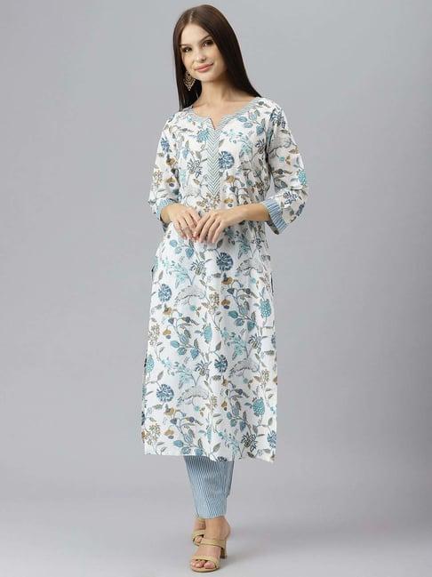 divena white & blue cotton floral print kurta pant set