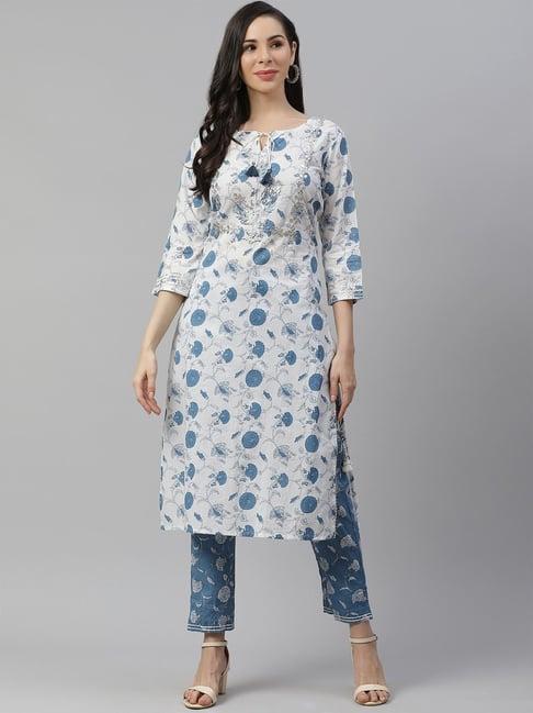 divena white & blue cotton printed kurta pant set