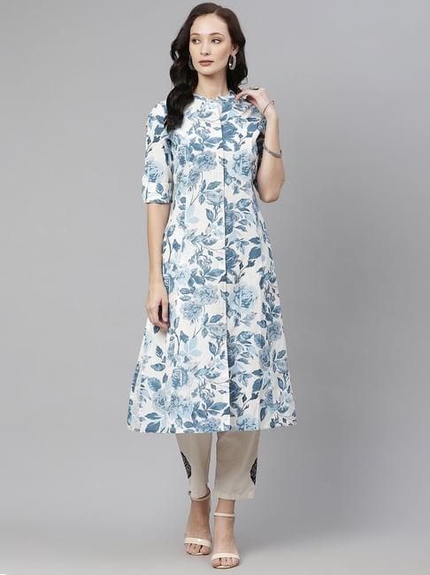 divena white & blue cotton printed straight kurta