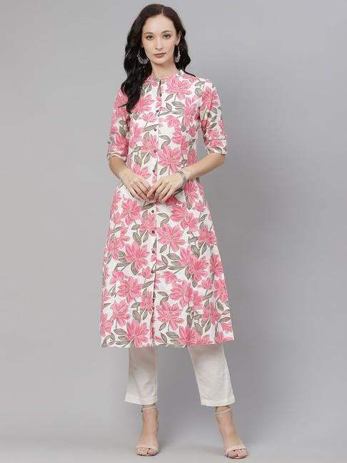 divena white & pink cotton printed straight kurta