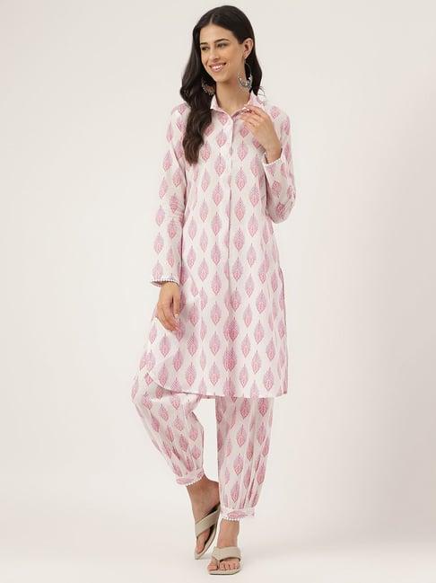 divena white & pink printed kurta salwar set