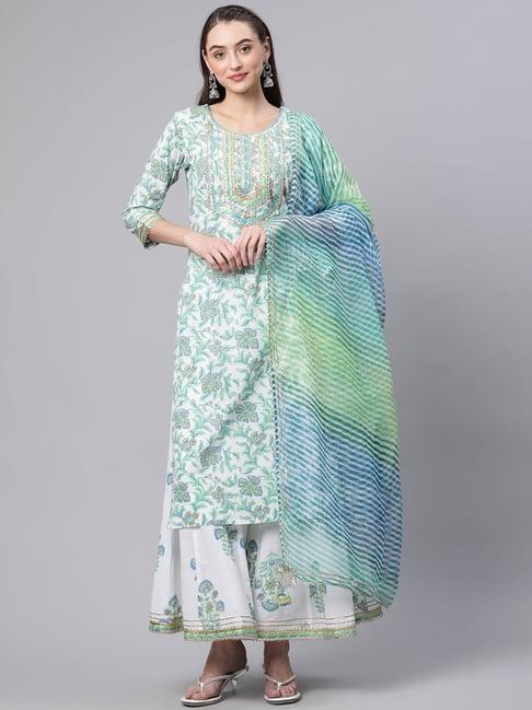 divena white cotton printed kurta palazzo set with dupatta