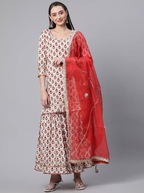 divena white cotton printed kurti sharara set with dupatta