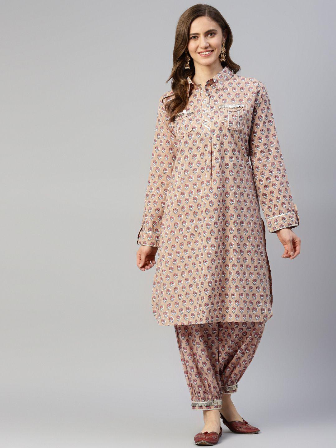 divena women beige ethnic motifs printed pure cotton kurta with harem pants