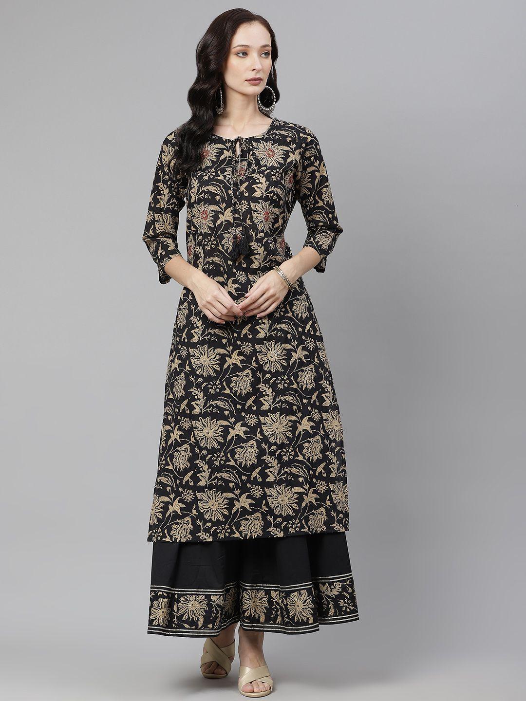 divena women black & beige printed sequinned pure cotton kurta with palazzos