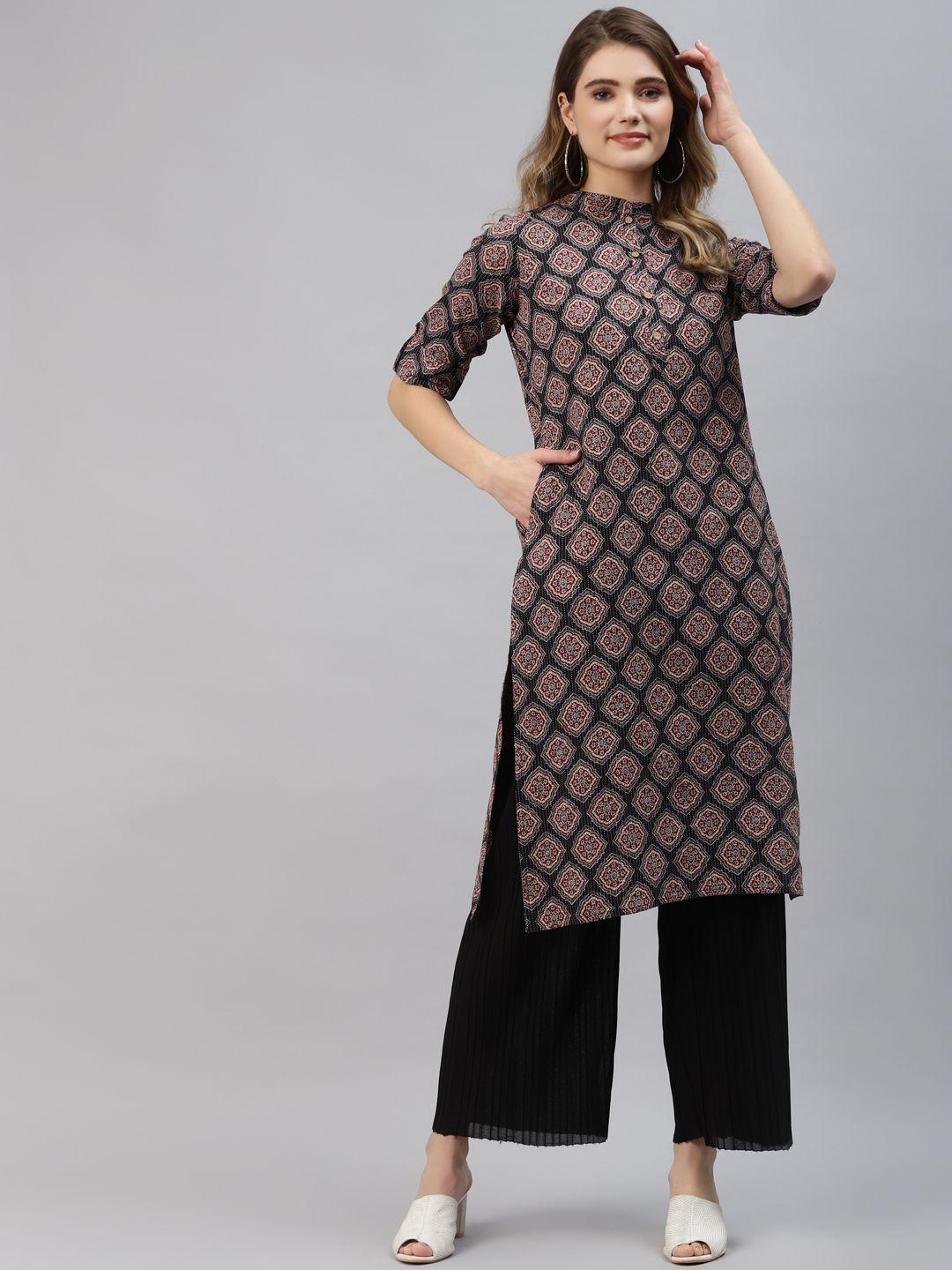 divena women black & maroon ethnic motifs printed cotton kurta