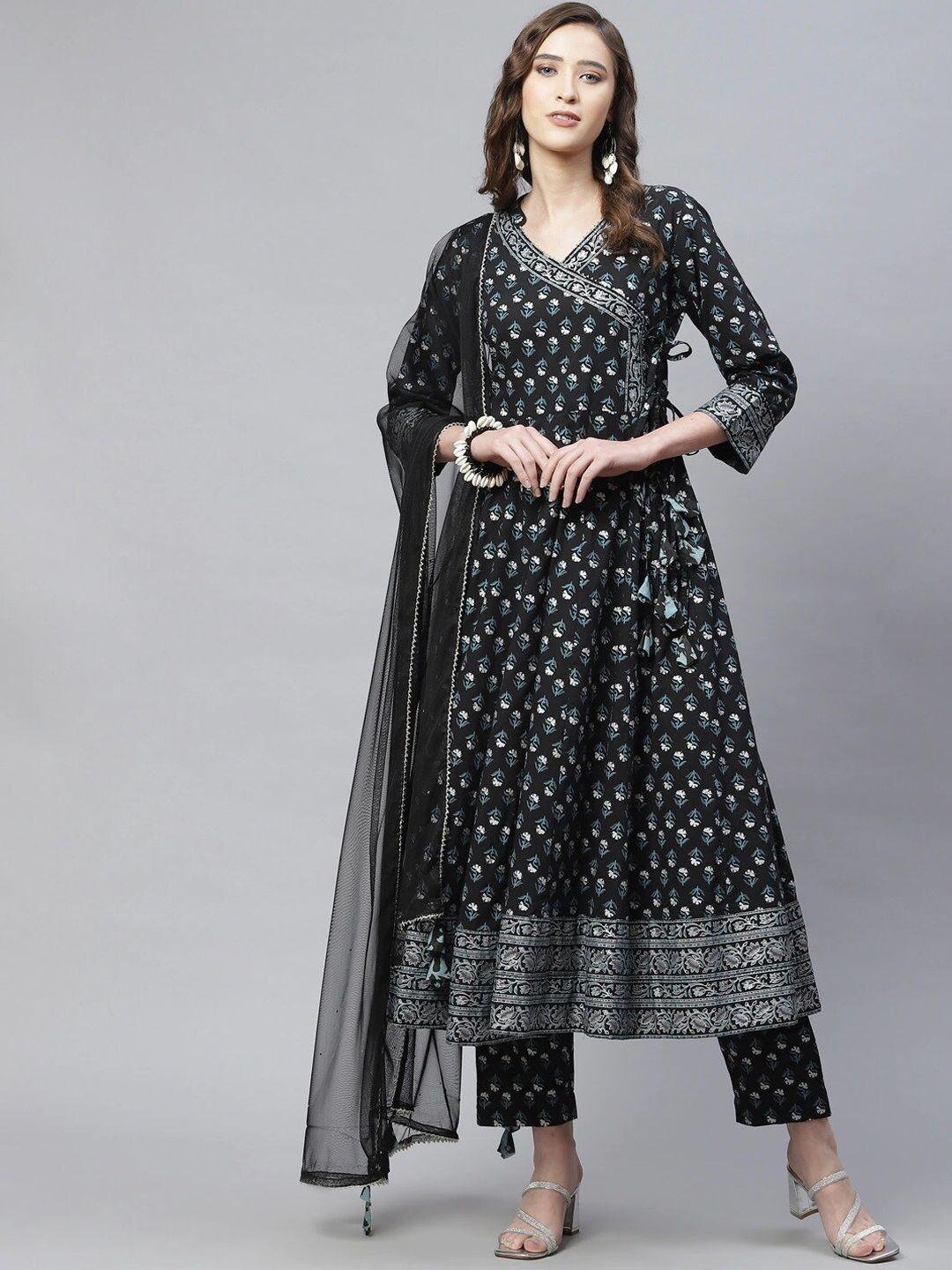 divena women black ethnic motifs printed angrakha gotta patti pure cotton kurta with trousers & with dupatta