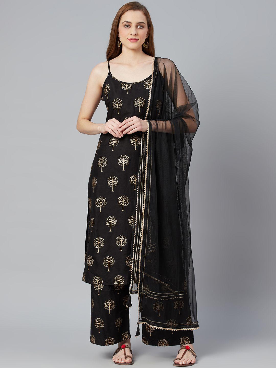 divena women black ethnic motifs printed regular pure cotton kurta with palazzos & with dupatta
