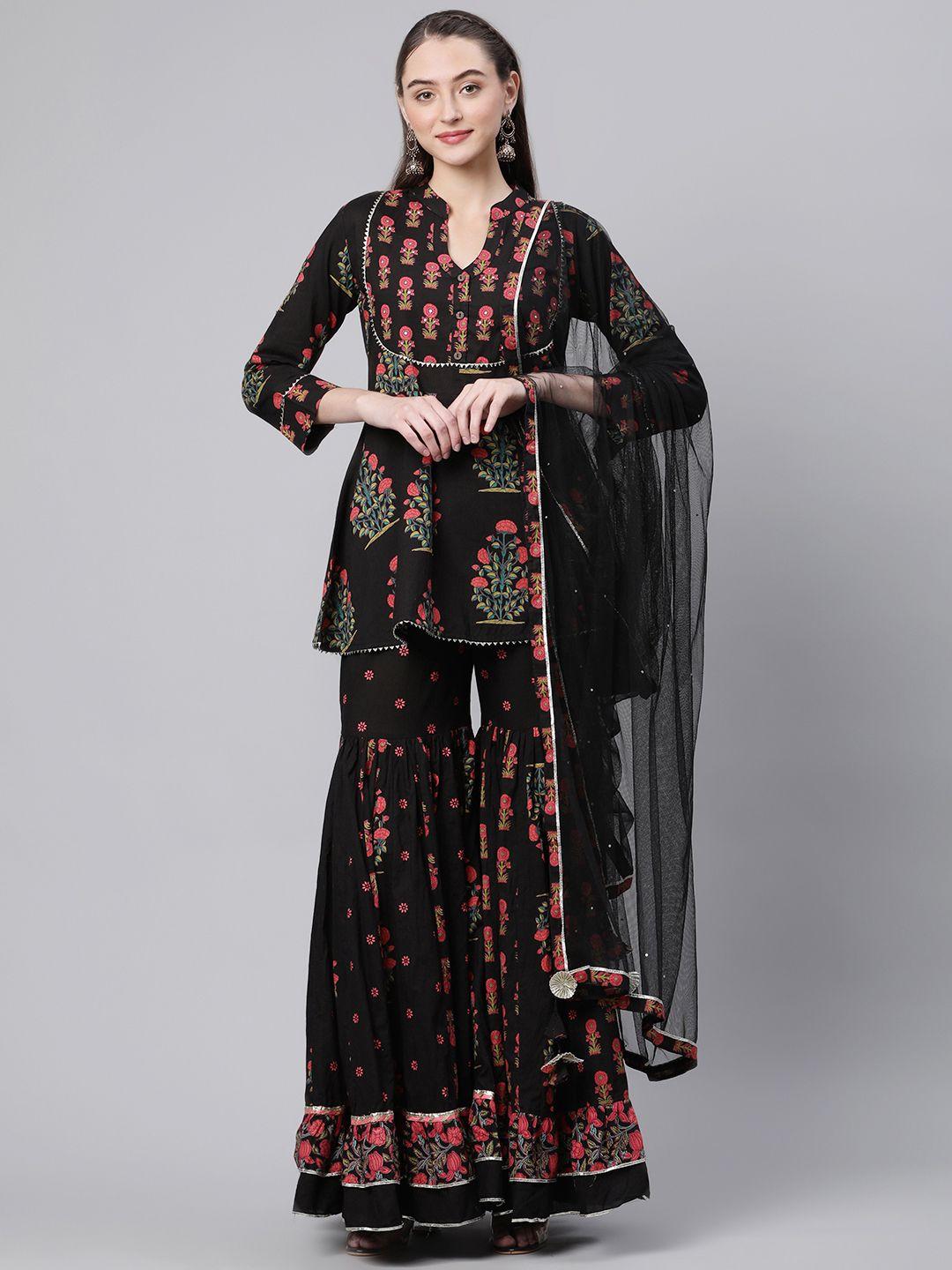 divena women black floral printed gotta patti pure cotton kurta with sharara & with dupatta