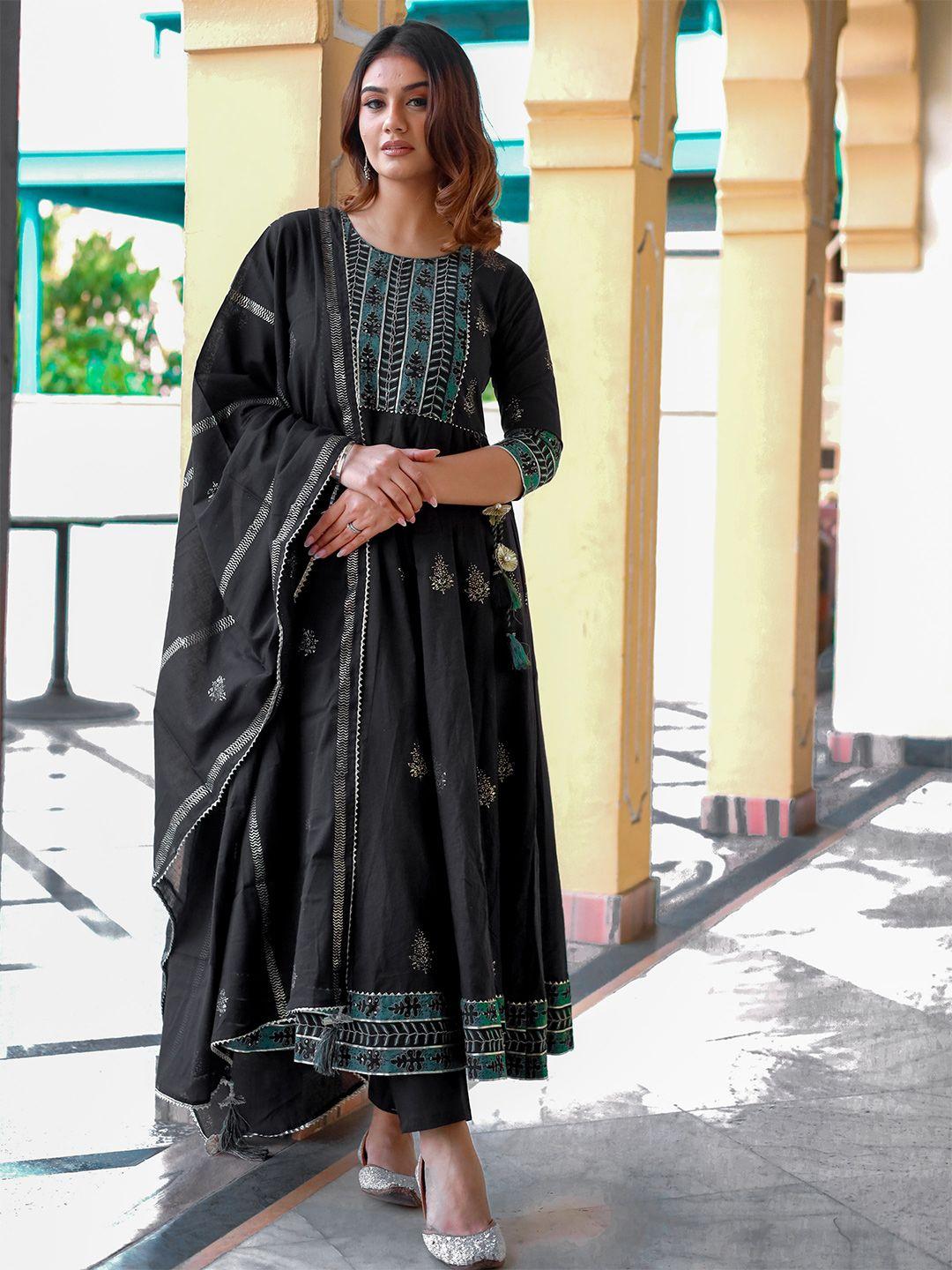 divena women black printed panelled gotta patti pure cotton kurti with trousers & with dupatta