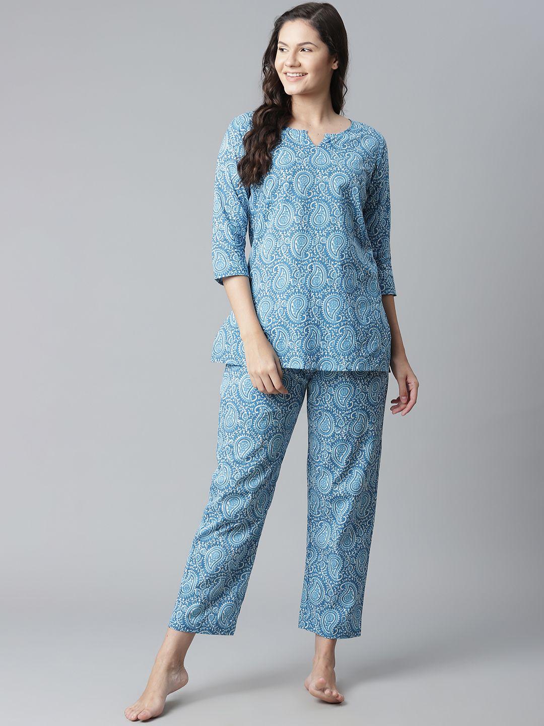 divena women blue & white ethnic motifs print pure cotton pyjamas set