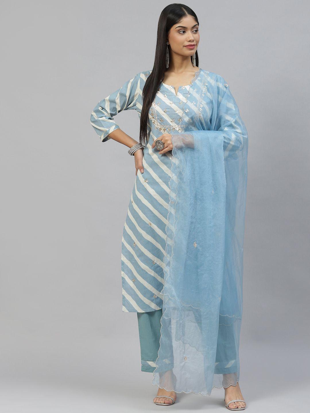divena women blue & white leheriya printed cotton kurta with trousers & dupatta