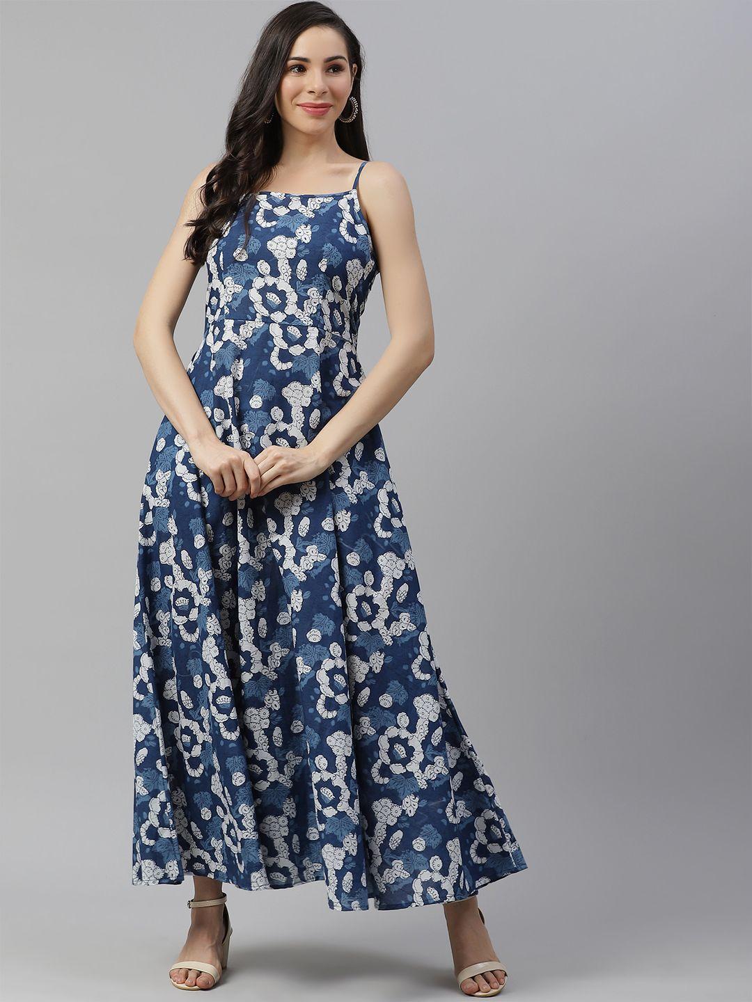 divena women blue & white pure cotton floral print maxi dress