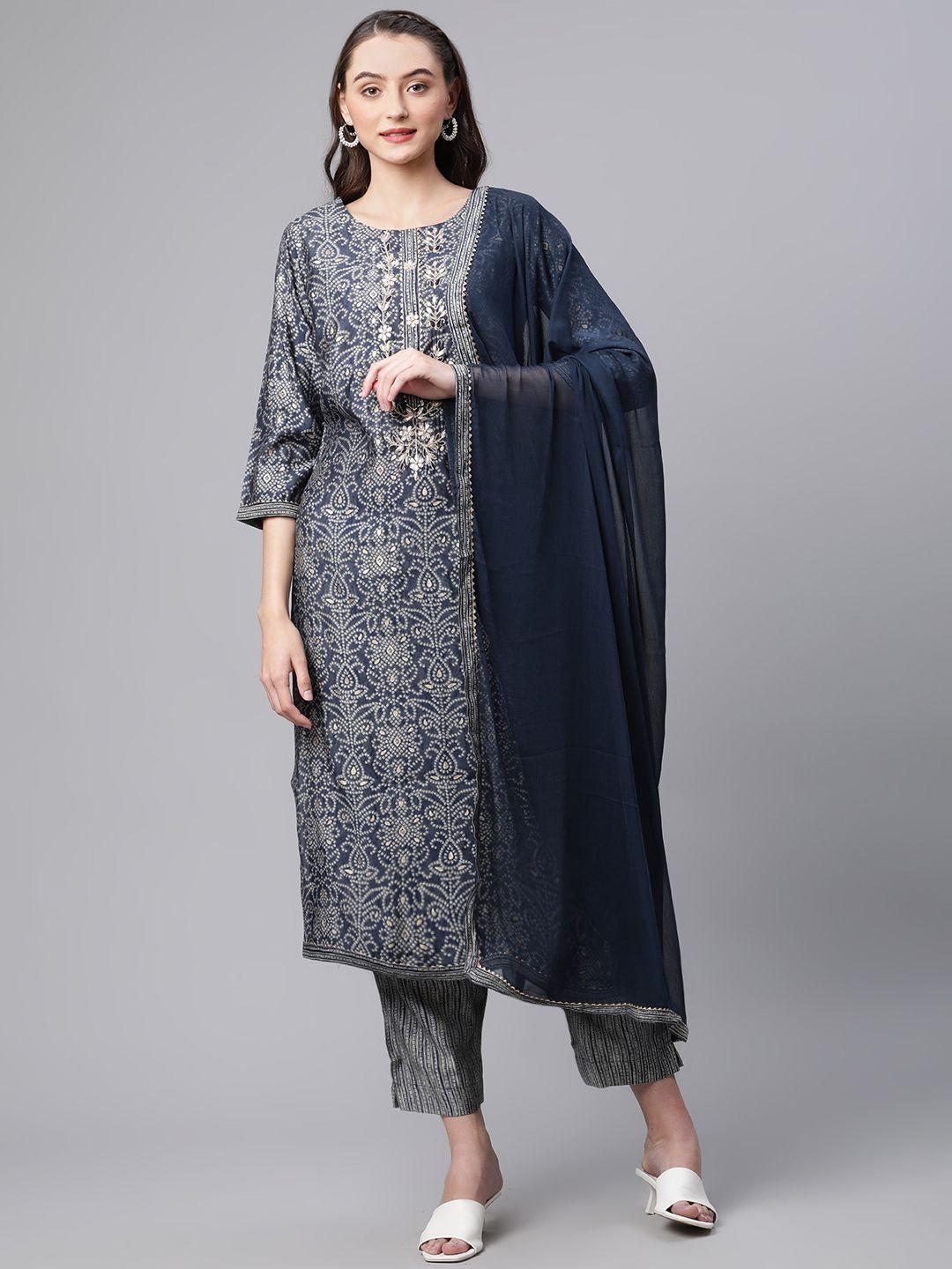 divena women blue bandhani printed chanderi silk kurta with trousers & with dupatta