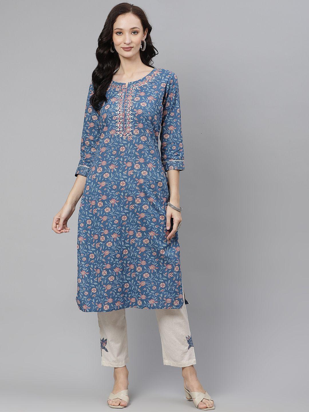 divena women blue ethnic motifs printed pure cotton kurta with trousers