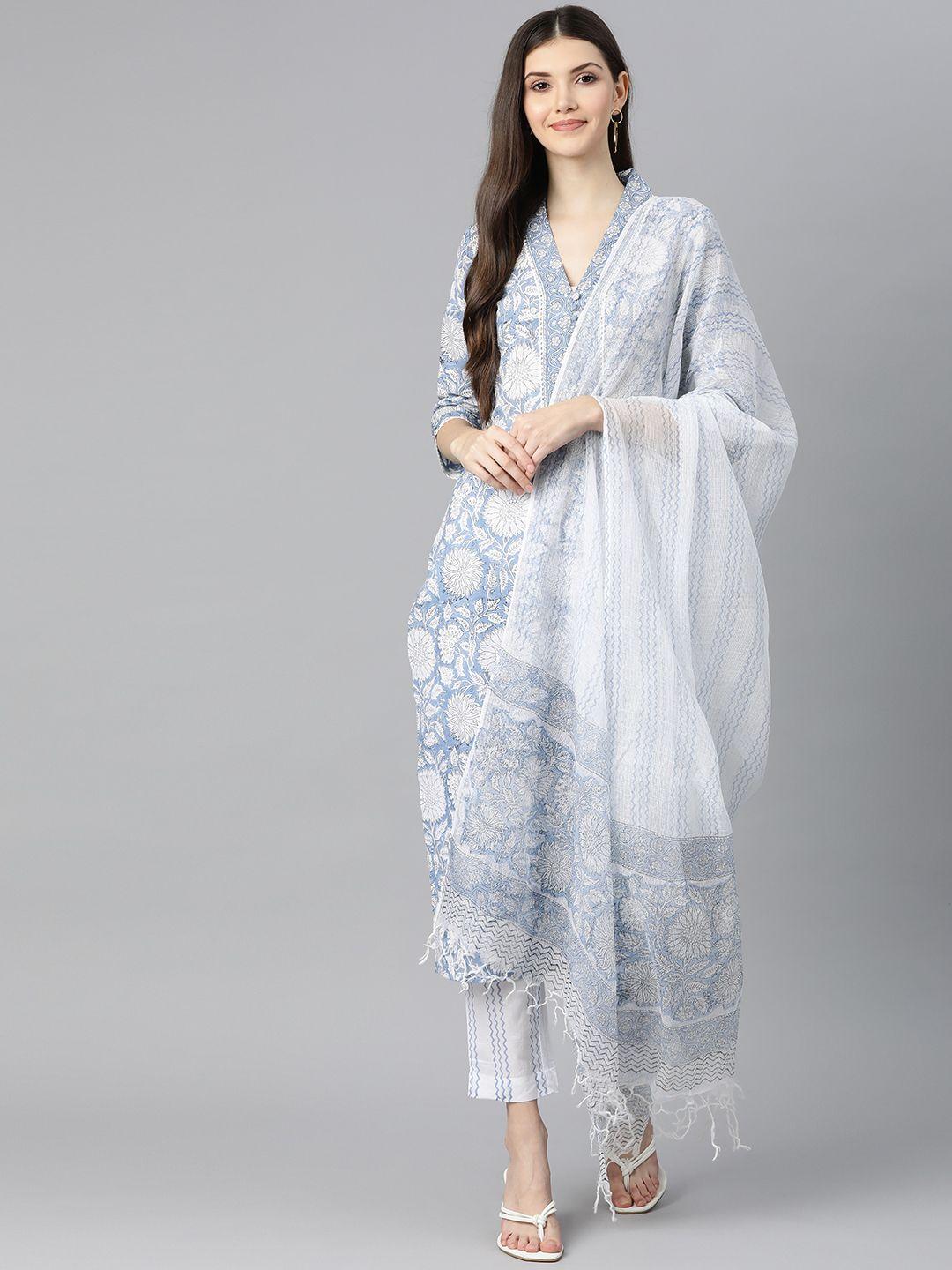 divena women blue floral printed pure cotton kurta with trousers & with dupatta