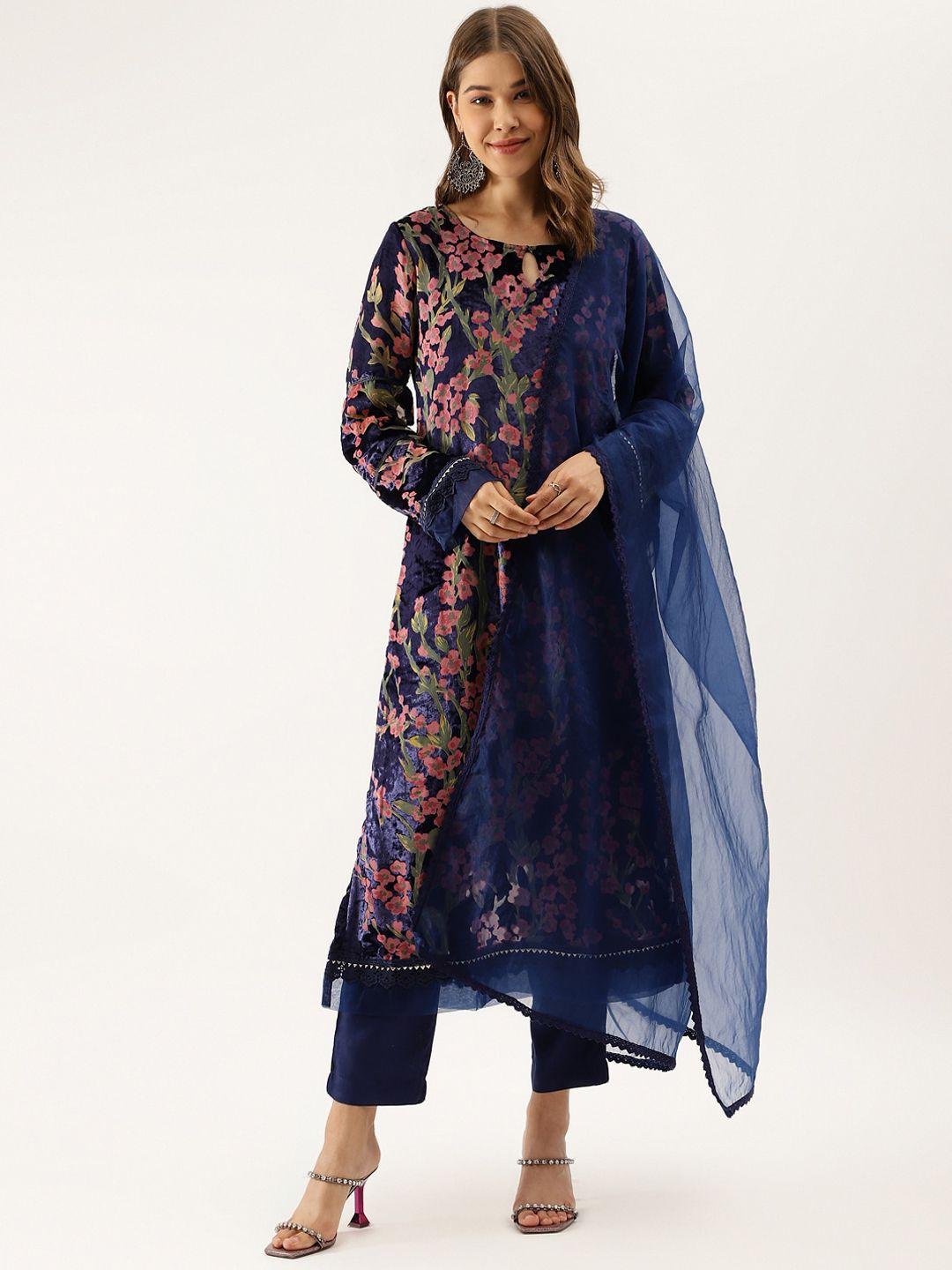 divena women blue floral printed regular velvet kurta with trousers & with dupatta