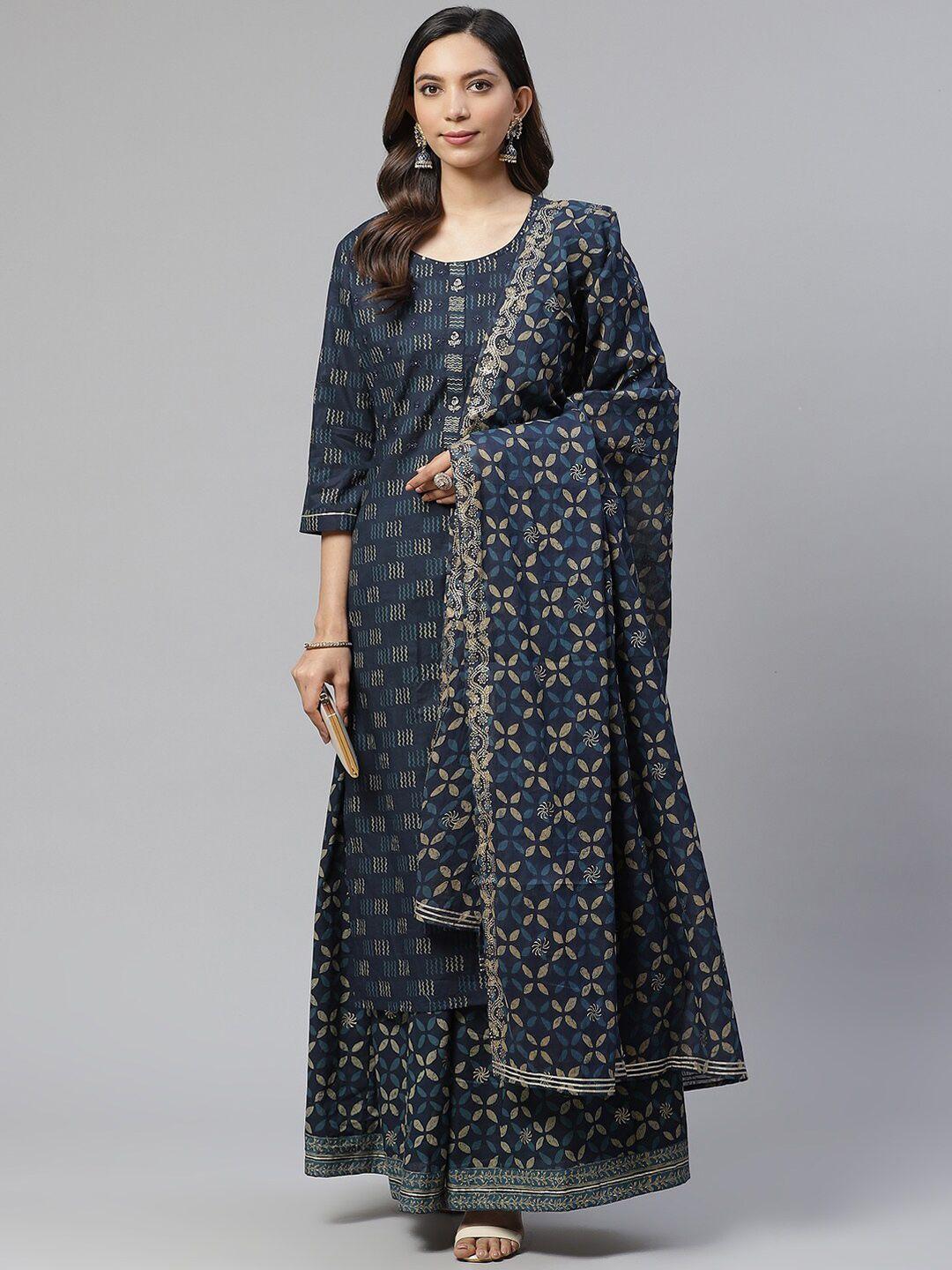 divena women blue floral printed sequinned pure cotton kurta with skirt & with dupatta