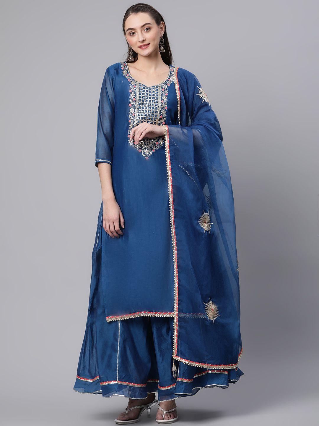 divena women blue printed gotta patti chanderi cotton kurta with skirt & with dupatta