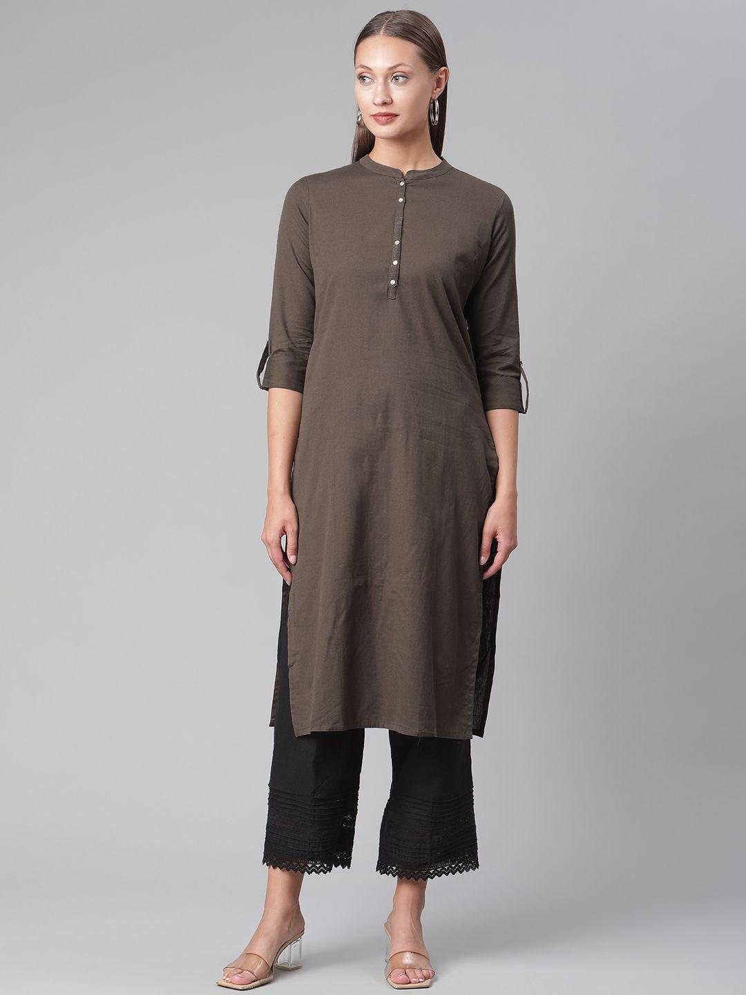 divena women coffee brown mandarin collar straight kurta