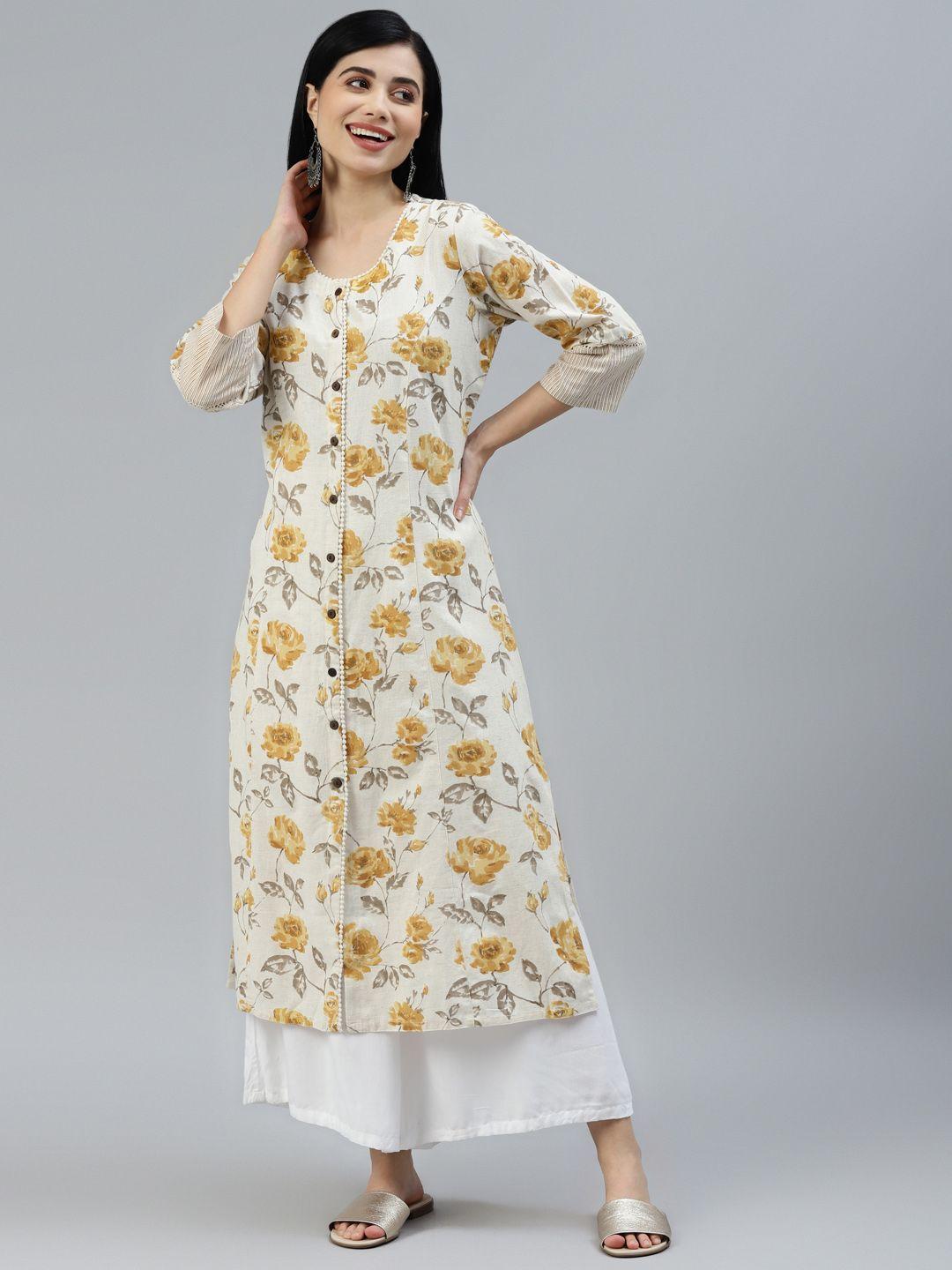 divena women cream-coloured & mustard yellow floral printed floral kurta