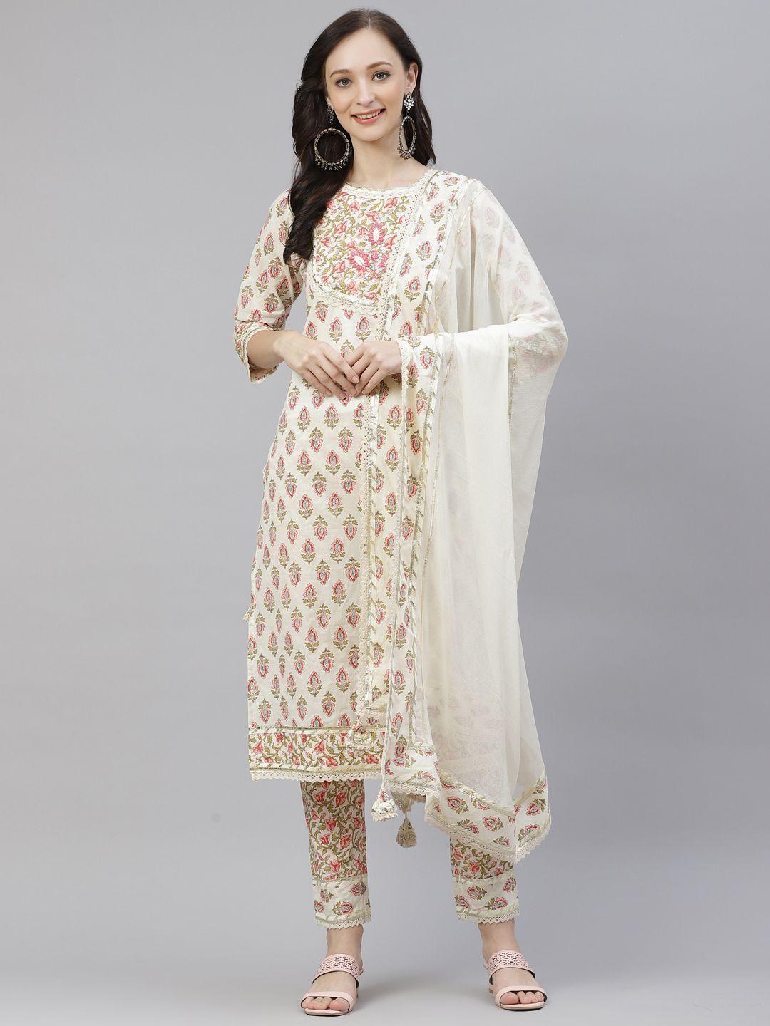 divena women cream-coloured floral thread work cotton kurta with palazzos & dupatta