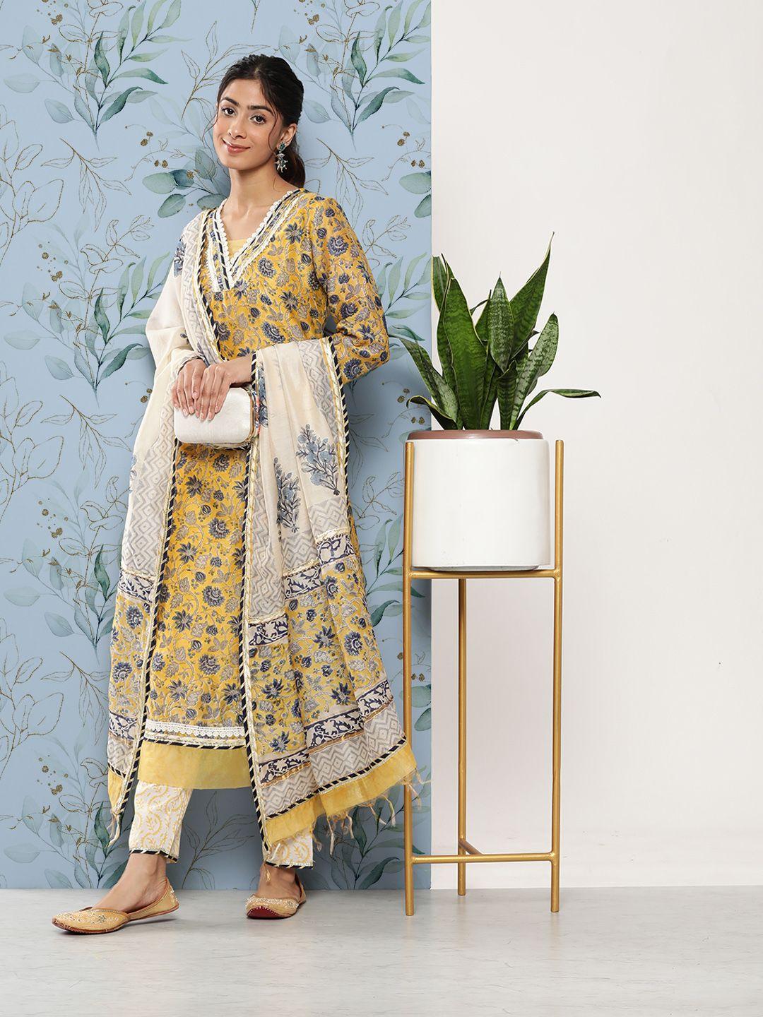 divena women floral printed gotta patti chanderi silk kurta with trousers & with dupatta