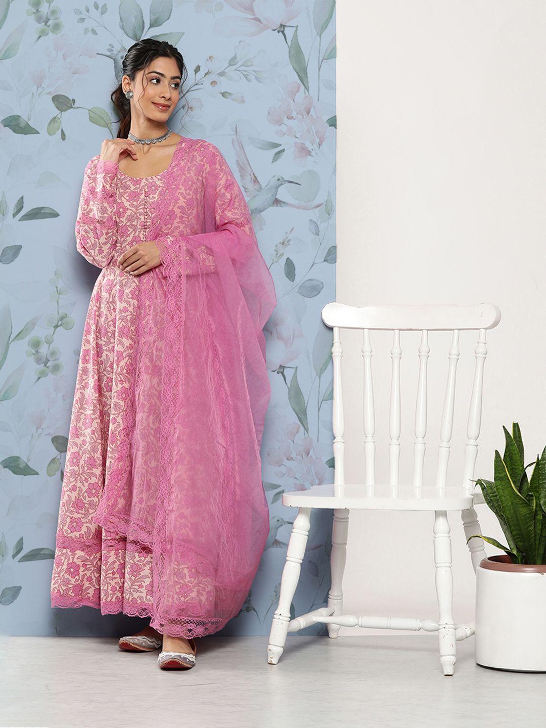 divena women floral printed pure cotton kurta with trousers & with dupatta