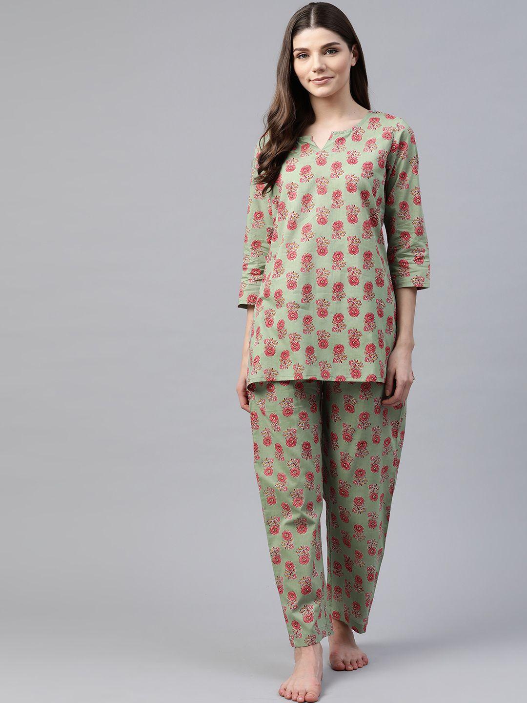 divena women green & coral pink pure cotton printed night suit