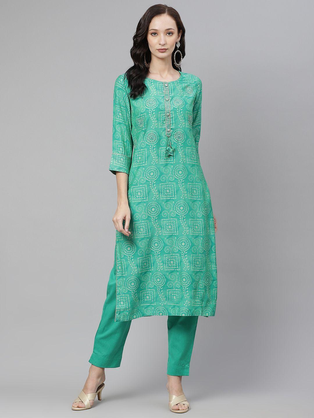 divena women green & off white printed mirror work kurta with trousers