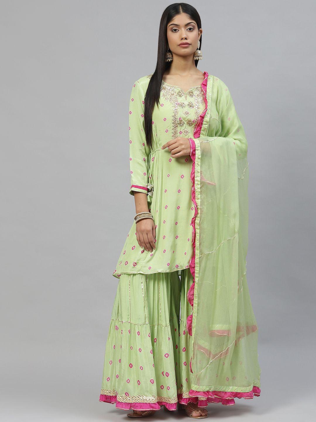 divena women green & pink bandhani printed zardozi kurta with sharara & dupatta