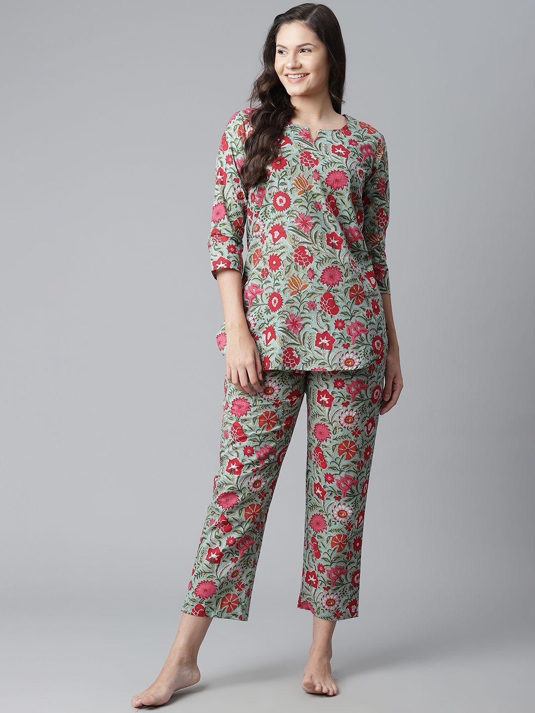 divena women green & pink ethnic motifs print pure cotton night suit