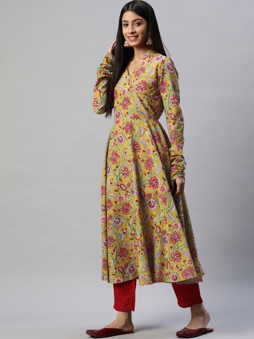 divena women green & red floral printed floral anarkali kurta