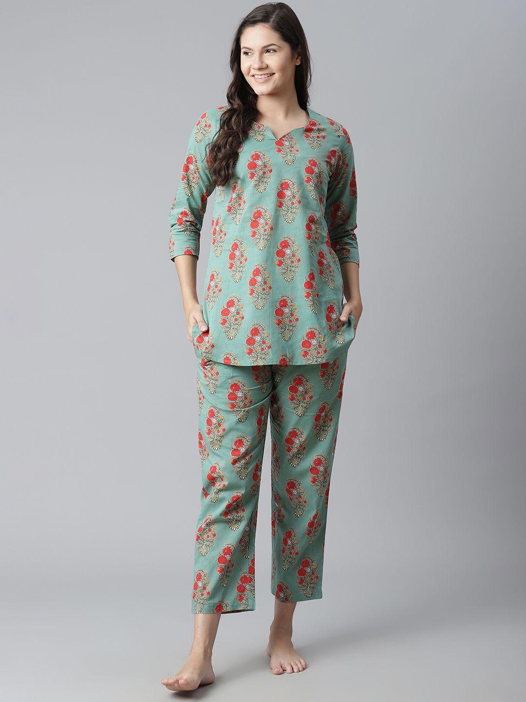 divena women green & red printed cotton night suit