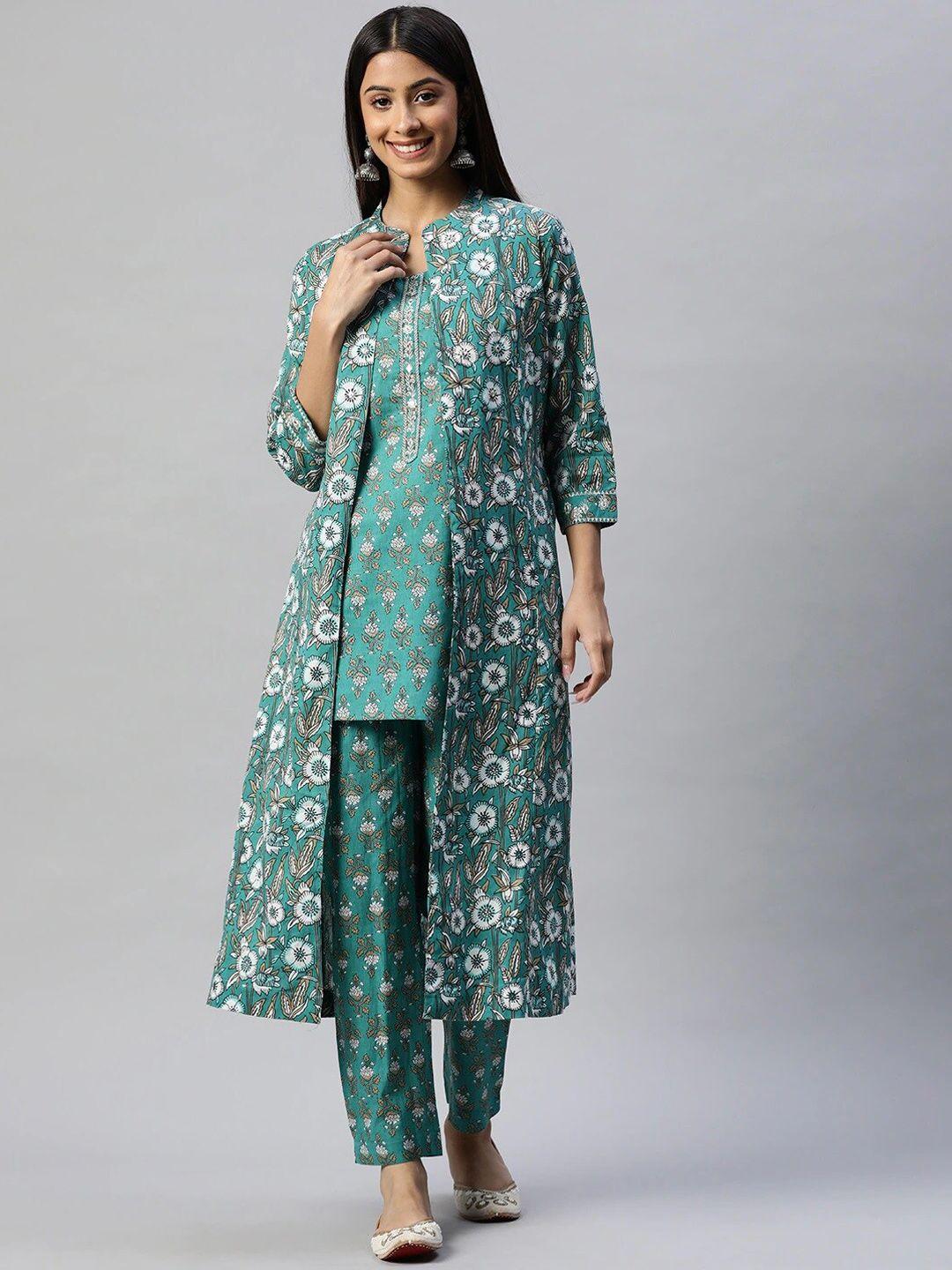 divena women green  floral printed three piece indowestern kurta pant set with jacket