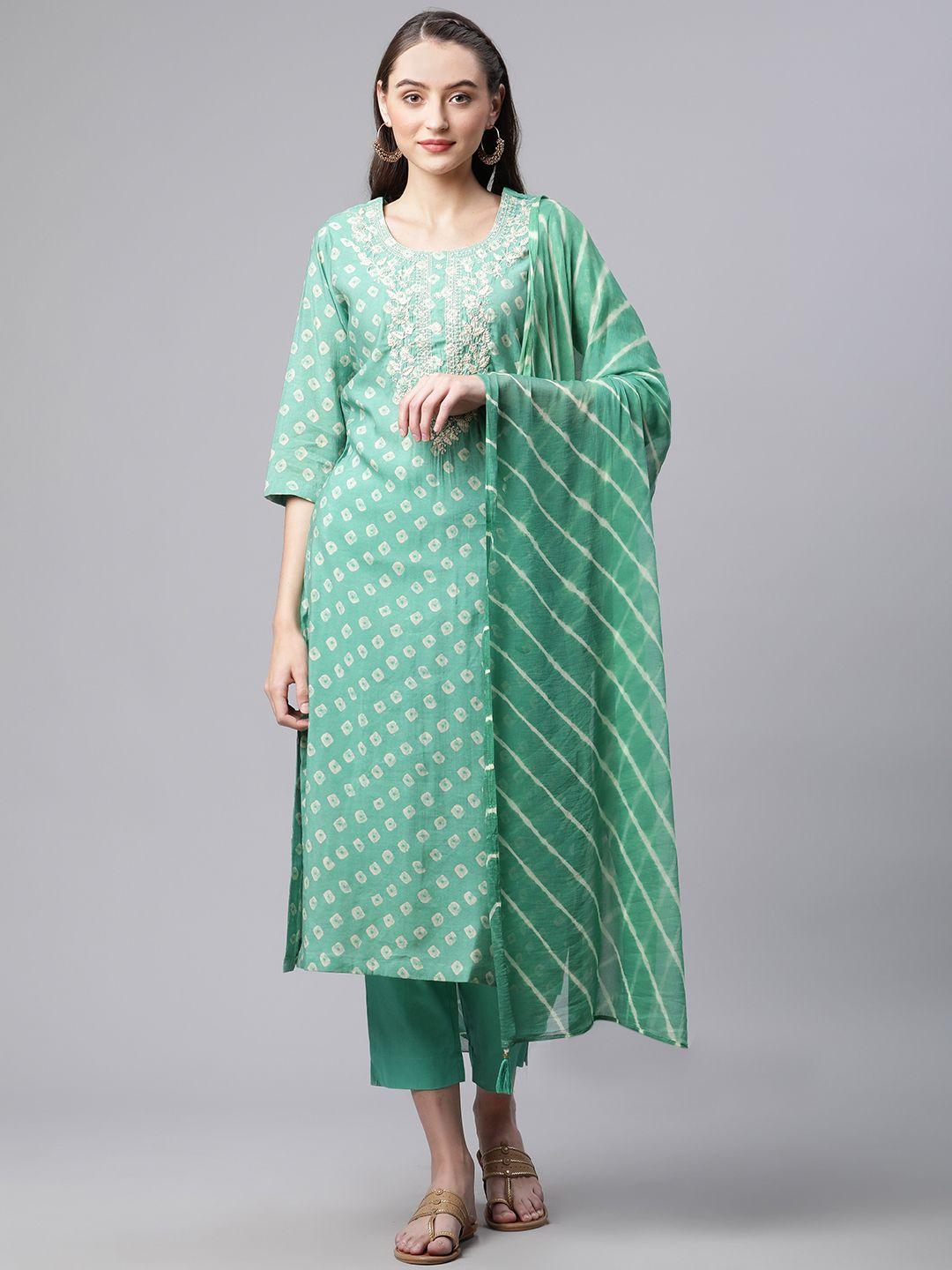divena women green bandhani printed thread work chanderi silk kurta with trousers & with dupatta