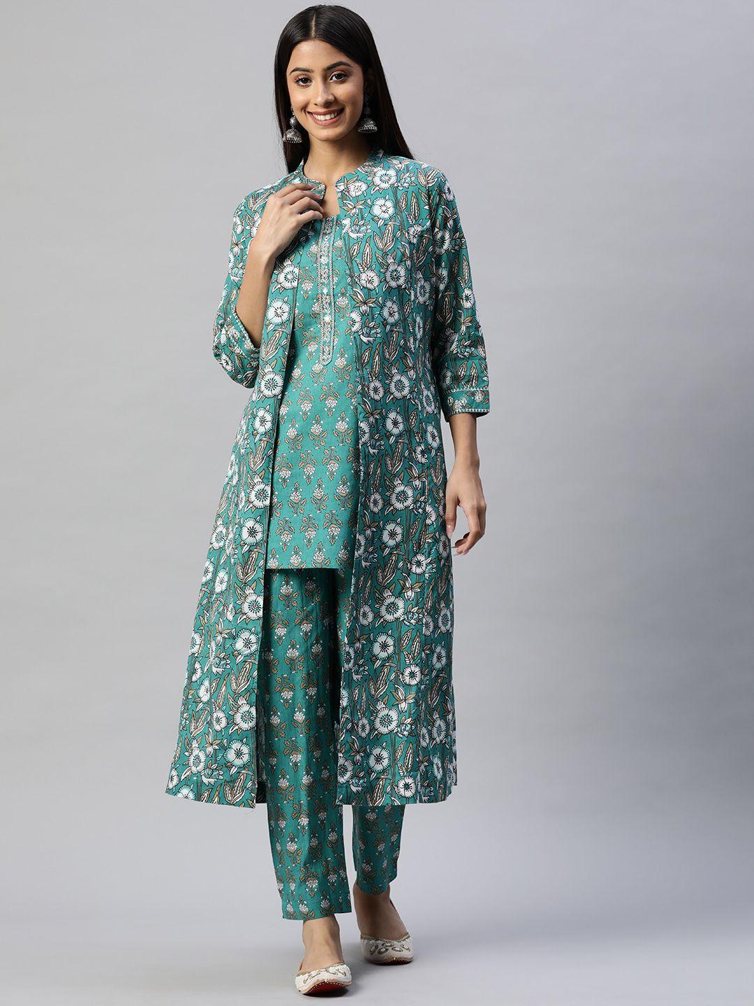 divena women green ethnic motifs printed pure cotton kurta with trousers & jacket