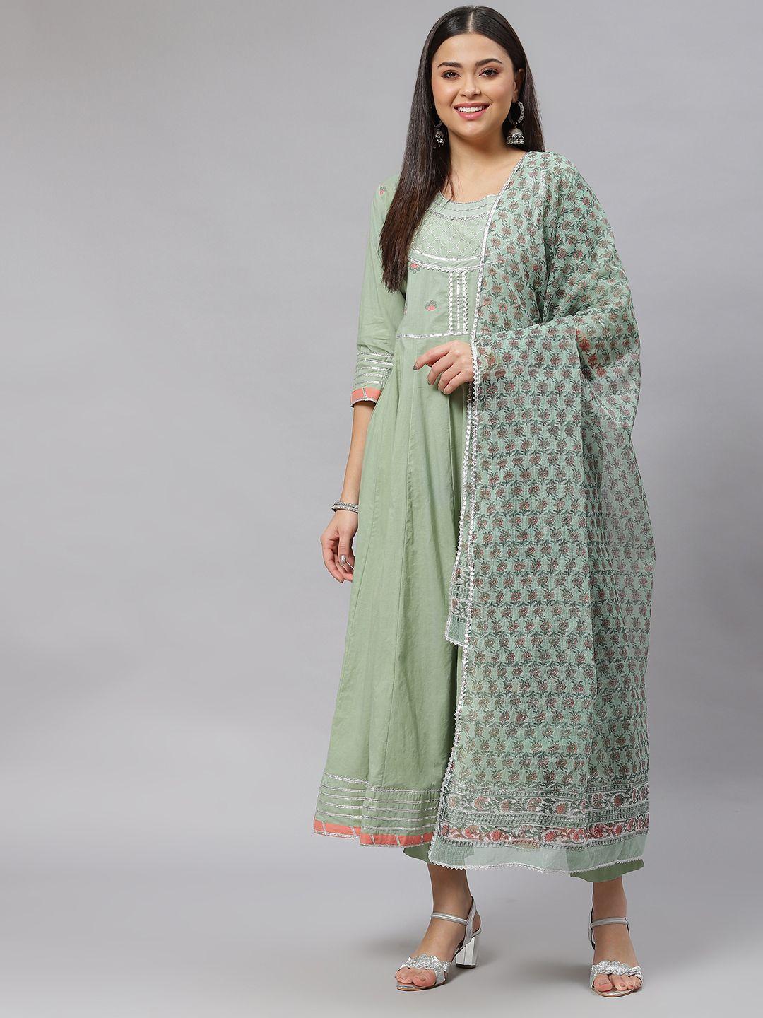 divena women green ethnic motifs yoke design gotta patti pure cotton kurta with trousers & with dupatta