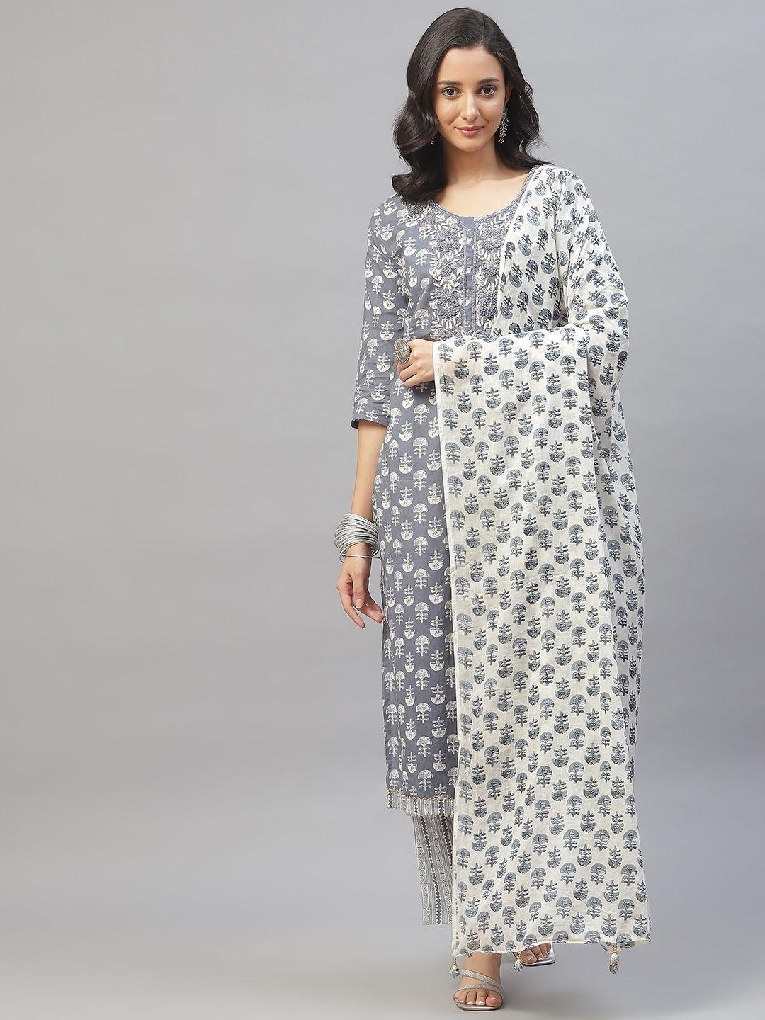 divena women grey ethnic motifs printed beads and stones pure cotton kurta with trousers & with dupatta
