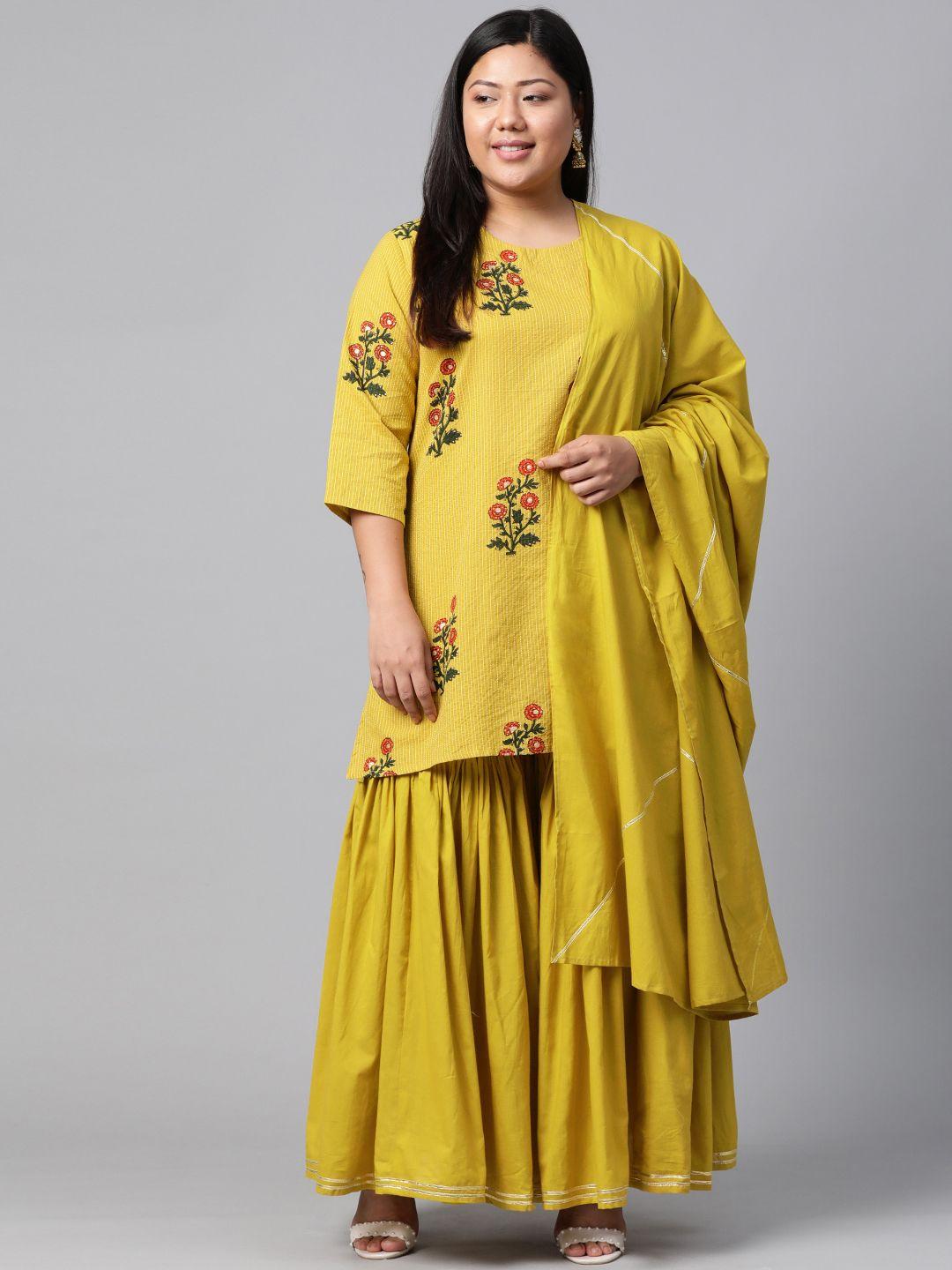 divena women lime green & red floral print kurta with sharara & dupatta