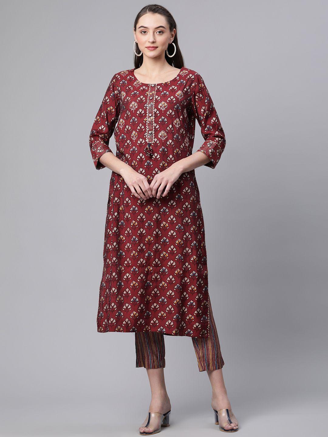 divena women maroon ethnic motifs printed sequinned chanderi silk kurta with trousers