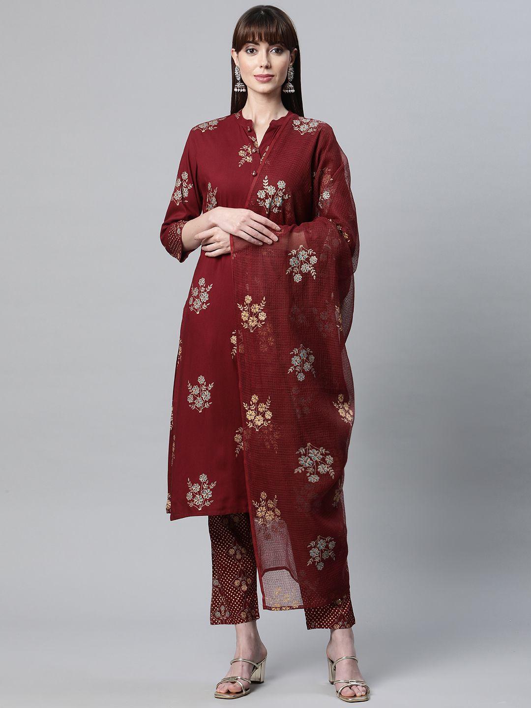 divena women maroon floral printed kurta with trousers & with dupatta