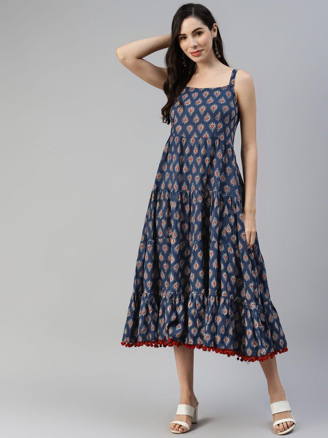 divena women navy blue & maroon pure cotton ethnic motifs a-line midi dress