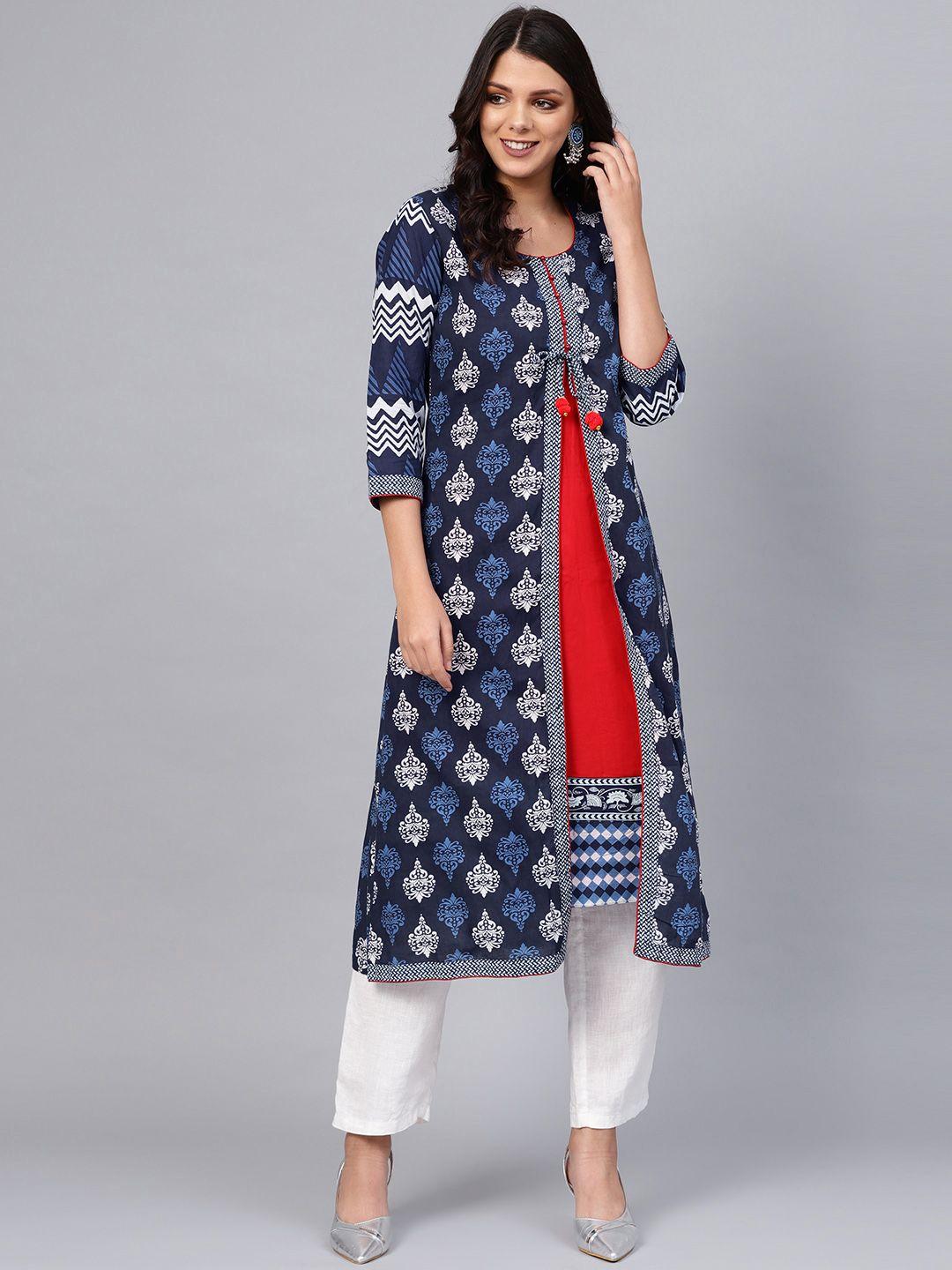 divena women navy blue & off-white printed layered a-line kurta