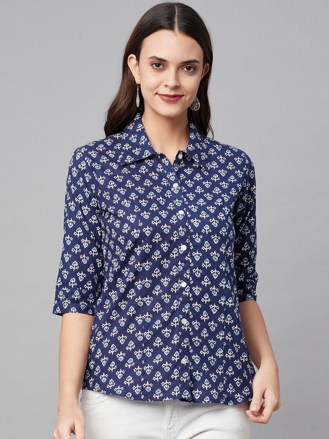 divena women navy blue comfort floral printed casual shirt