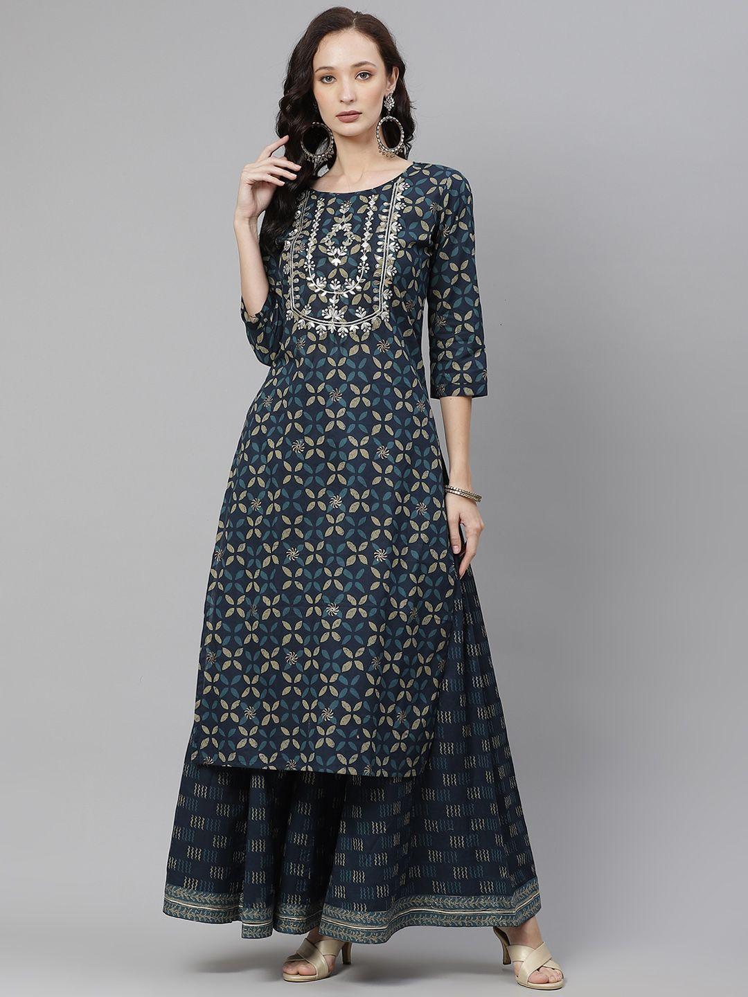 divena women navy blue floral embroidered pure cotton kurta with palazzos