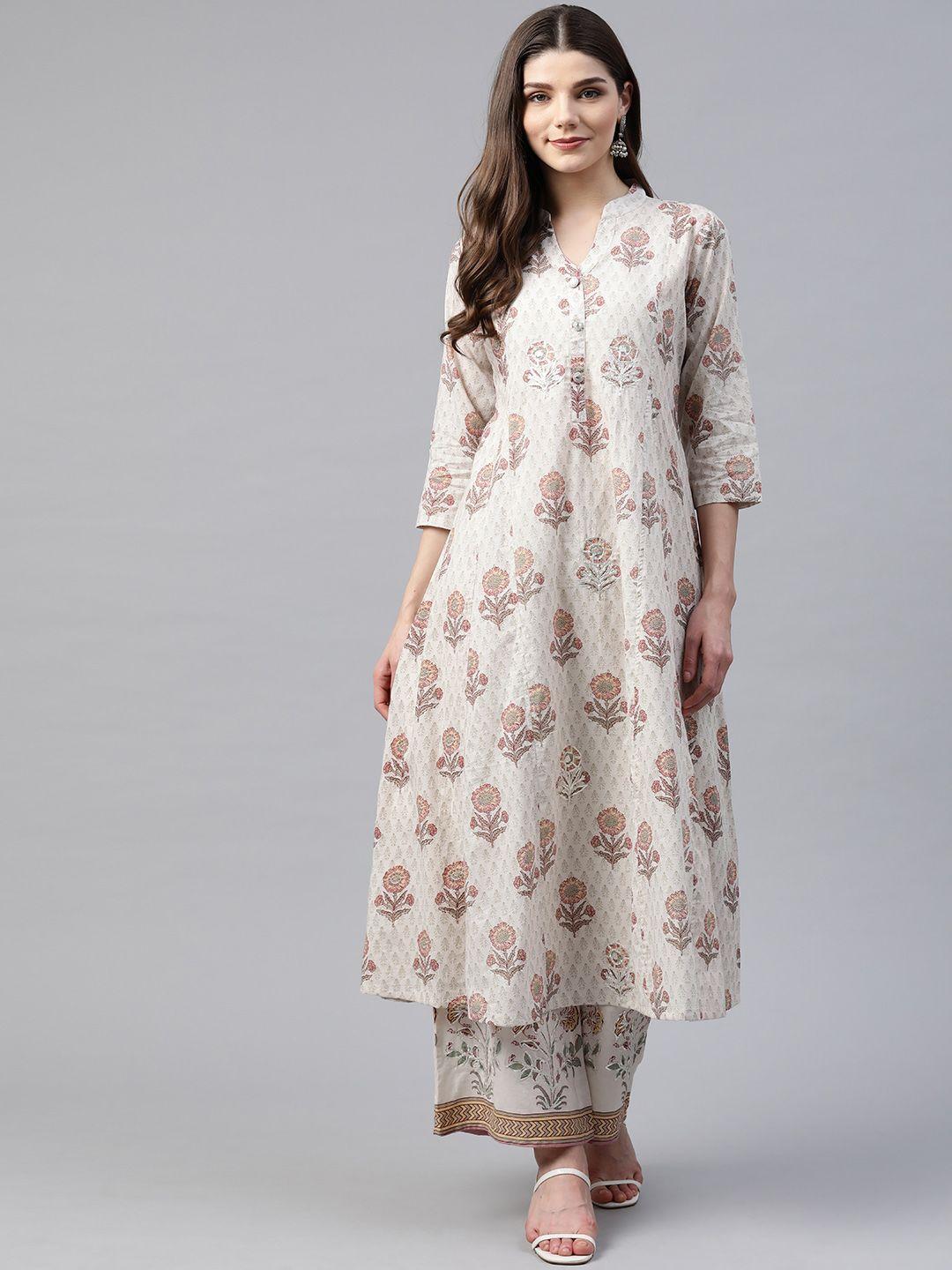 divena women off-white & maroon ethnic motifs print pure cotton kurta with palazzos