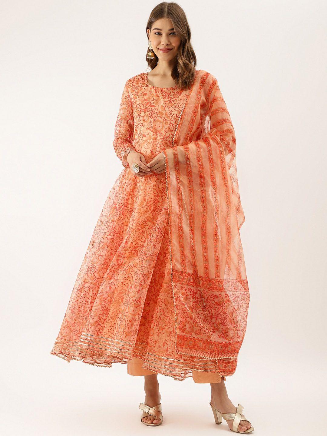 divena women orange floral printed regular gotta patti kurta with trousers & with dupatta